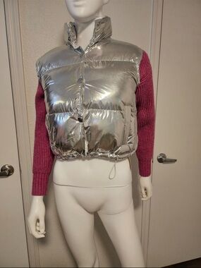 Silver Cropped Puffer Vest with Pink Knit Sleeves